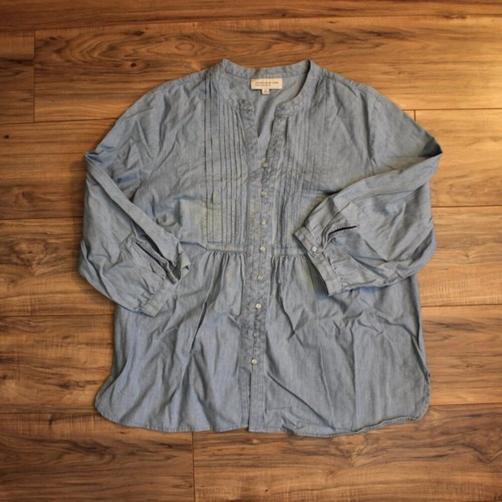 Jones New York Sport Blue Denim Pleated Front 3/4 Sleeve Blouse Women 2X